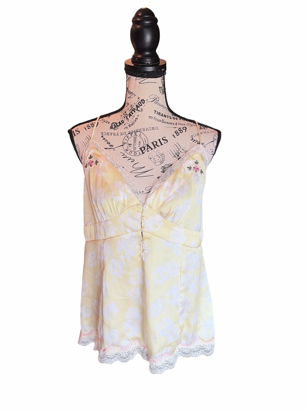 Free People Night Special Babydoll Tank Medium Floral Lace Embroidery Yellow NWT